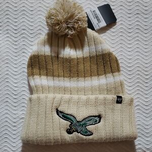 Men's Cream and Tan Knit Beanie with Embroidered Eagle